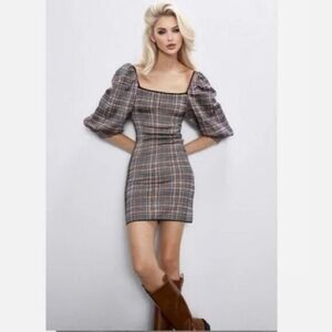 Zara Multicolor Plaid Mini Dress with Puff Sleeves